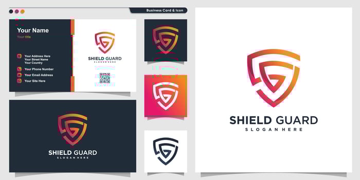 Shield logo with modern line art concept and business card design Premium Vector