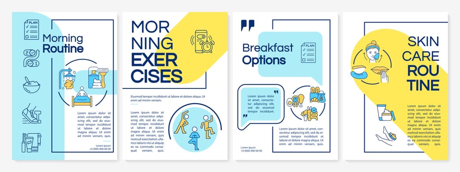 Morning routine blue and yellow brochure template. Life tips. Booklet print design with linear icons. Vector layouts for presentation, annual reports, ads. Questrial-Regular, Lato-Regular fonts used