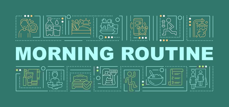 Morning routine activity word concepts green banner. Health care. Infographics with linear icons on background. Isolated typography. Vector outline color illustration with text. Arial-Black font used