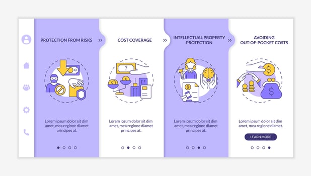 Corporate insurance importance purple and white onboarding template. Coverage. Responsive mobile website with linear concept icons. Web page walkthrough 4 step screens. Lato-Bold, Regular fonts used vector