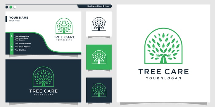 Tree logo with green care concept and business card design template, Premium Vector