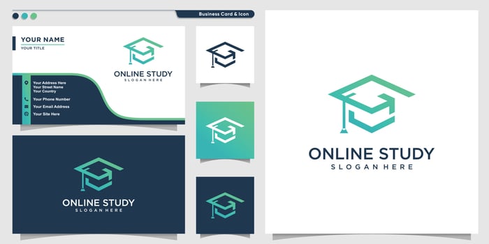 Online study logo with modern outline style and business card design Premium Vector