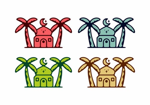 Colorful Mosque and date palm tree flat art illustration vector