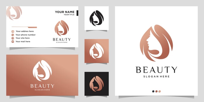 Woman logo with beauty gradient style and business card design template, hair, salon, Premium Vector