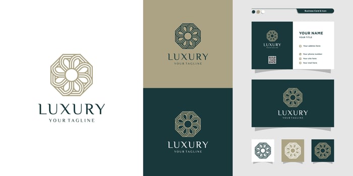 Luxury floral logo and business card wit line art design. Elegant, beauty, fashion, company, business Premium Vector
