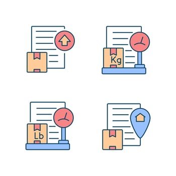 International shipment documents RGB color icons set. Business papers. Packing list, origin certificate and export license. Isolated vector illustrations. Simple filled line drawings collection