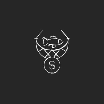 Commercial fishing chalk white icon on dark background. Catching seafood for trade. Aquaculture harvest. Fishing industry. Commercial fishery. Isolated vector chalkboard illustration on black