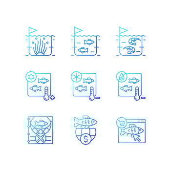Fish product farming and storing gradient linear vector icons set. Sterilization and preservation. Commercial fishery. Thin line contour symbols bundle. Isolated outline illustrations collection