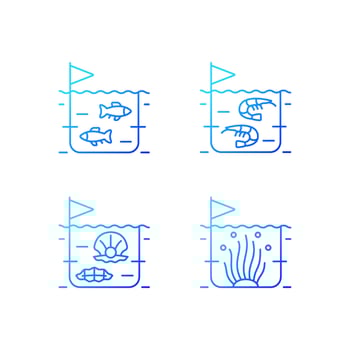 Commercial sea product farming gradient linear vector icons set. Shrimp and fish growing. Pearl extraction for trade. Thin line contour symbols bundle. Isolated outline illustrations collection