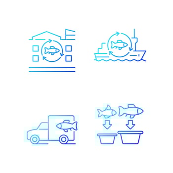 Fish processing and transportation gradient linear vector icons set. Seafood product manufacturing. Fish processing vessel. Thin line contour symbols bundle. Isolated outline illustrations collection