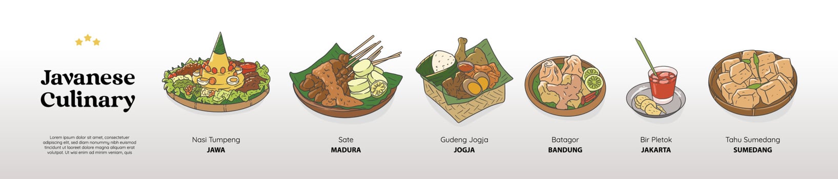 isolated javanese culinary food bundle. Traditional cuisine hand drawn illustration vector. vector