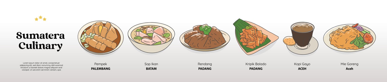 isolated sumatera culinary food bundle. Traditional cuisine hand drawn illustration vector. vector