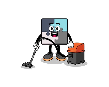 Character mascot of jigsaw puzzle holding vacuum cleaner vector