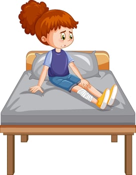 A girl with injure leg crying on the bed vector
