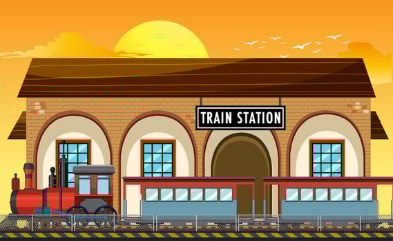 Train station scene with steam locomotive vector