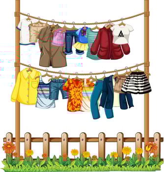 Many clothes hanging on clothesline vector