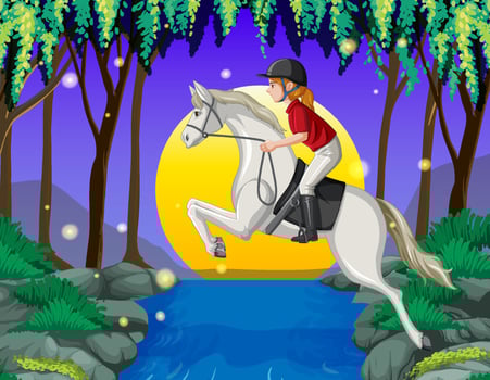 A scene of girl riding on a horse at night vector