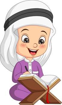 Cartoon muslim boy reading Quran vector