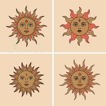 Set of boho mystic and celestial suns with faces. Vector color and line collection.