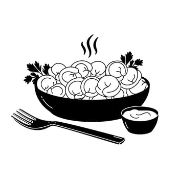 Russian pelmeni. Meat dumplings on plate with sour cream and sprig of parsley, fork. Food. vector