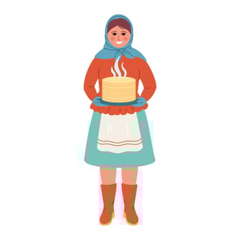 Maslenitsa or Shrovetide. Woman with pancakes and Russian tradition clothes. vector
