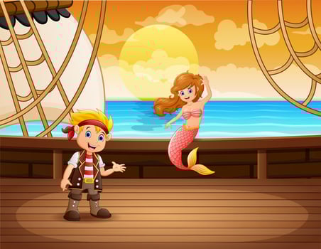 Cartoon boy pirate with mermaid on a ship vector