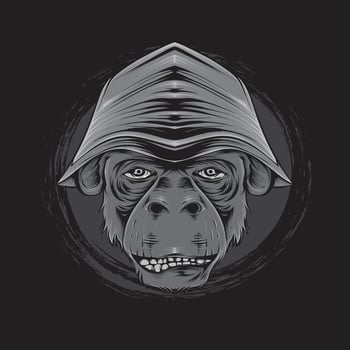 monkey head detail illustration smoking and wearing a hat black and white vector