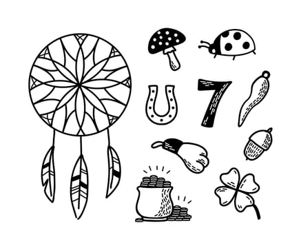 Good Luck Symbols Set. Doodle style European talismans and charms contour illustration. Symbols of success and prosperity vector