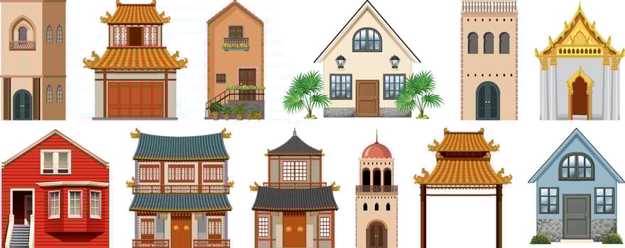 Different designs of buildings on white background vector