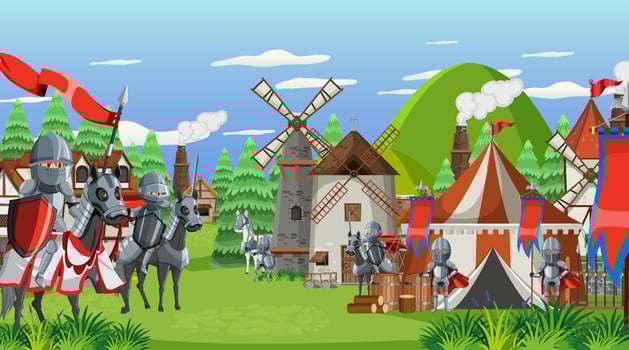 Medieval town scene with villagers vector