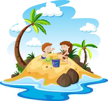 Kids building sand castle on the island vector