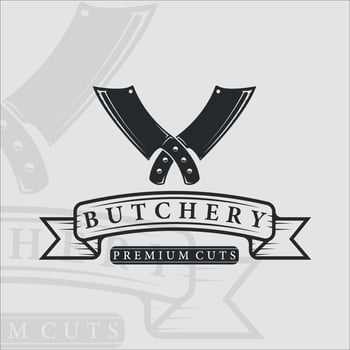butchery logo vintage vector illustration template design. retro butcher shop label with crossed cleavers concept