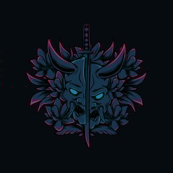 illustration oni mask and flower japanese style vector