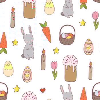 Handdrawn easter seamless pattern with bunny, carror, eggs and chiken , vector illustration