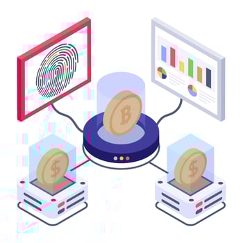 Bitcoin with servers denoting isometric style icon of crypto technology vector