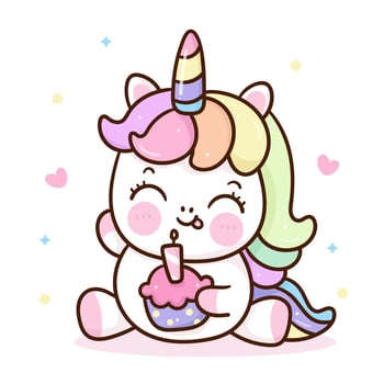 Cute unicorn birthday cupcake pony cartoon kawaii illustration vector