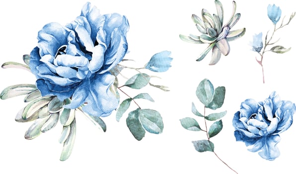 Bouquet of blue flower peony and cactus with watercolors.Suitable for decorating wedding invitation cards. vector