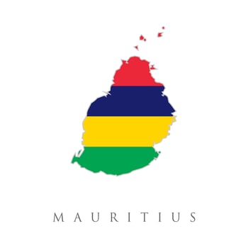 Mauritius country flag inside map contour design icon logo. Vector illustration with Mauritius national flag with shape of Mauritius map. Red, blue, yellow, green colors. Volume shadow on the map