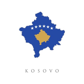 Vector illustration with Kosovo national flag with shape of this map. Map with flag of Kosovo isolated on white. National flag for country of Kosovo isolated