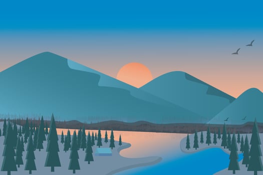 FLAT LANDSCAPE ILLUSTRATION MOUNTAIN SUNRISE vector