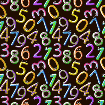 Seamless pattern of numbers, hand-drawn elements in cartoon style. Bright numbers with different fun prints School. Kids. Learning. Cute numbers with eyes. vector