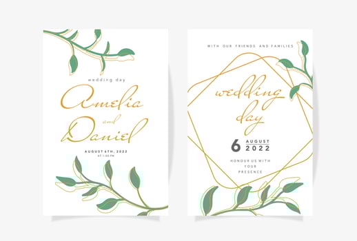 Wedding invitation template with beautiful green leaves and golden contours Vector illustration