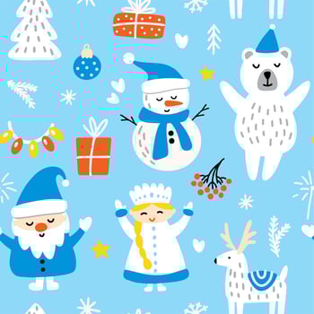 Santa Claus and snow maiden with a snowman and gifts vector