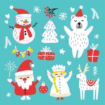 Santa Claus and snow maiden with a snowman and gifts vector