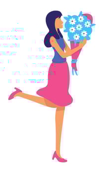 Happy woman with spring floral bouquet semi flat color vector character