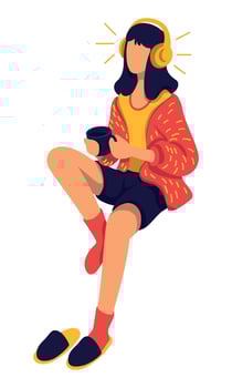 Teenage girl in comfy clothes listening to music semi flat color vector character