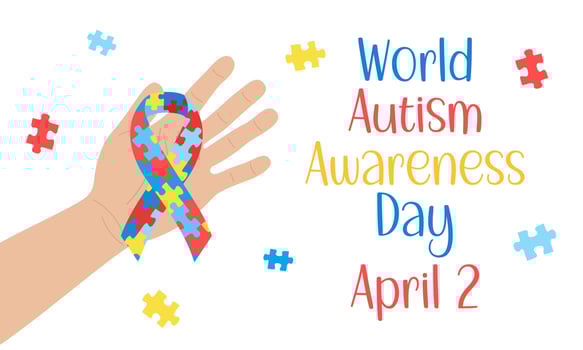 World Autism Awareness Day. Hand holding awareness ribbon with puzzles and text. Vector poster, banner. April 2 Autism day. Vector flat illustration