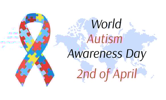 World Autism Awareness Day. Vector poster, banner. April 2 Autism day. Awareness ribbon with puzzles, text  and world map. Vector flat illustration