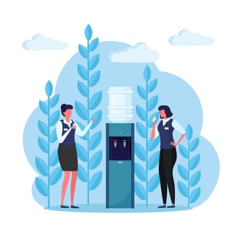 Woman drink beverage. Office water dispenser, plastic cooler with big full bottle isolated on blue background. Work break. Vector flat design