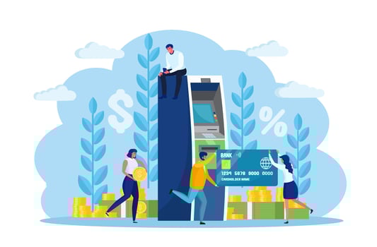 ATM bank terminal. Woman, man customer standing near credit card reader machine and withdraw money. Character with cash, currency. Vector cartoon design
